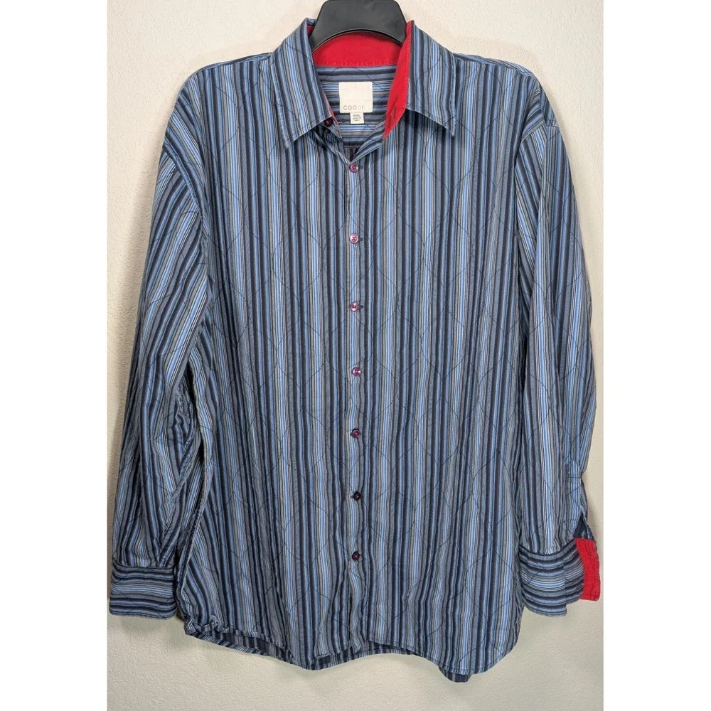 VTG Coogi Button Down Shirt‎ Mens 3XL Blue Stripe Argyle Embroidery Y2K 90s